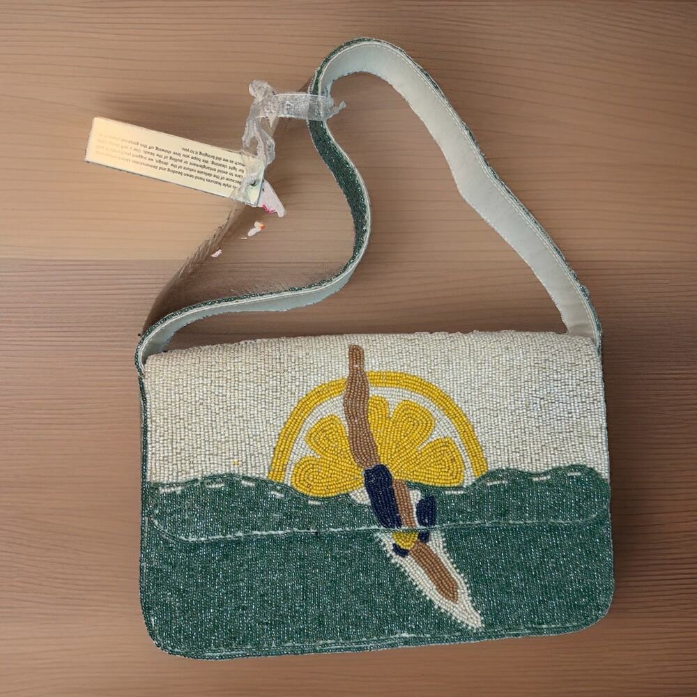 Viral Handcrafted In India Beach Sun Beaded Bag Purse New Aqua Ivory